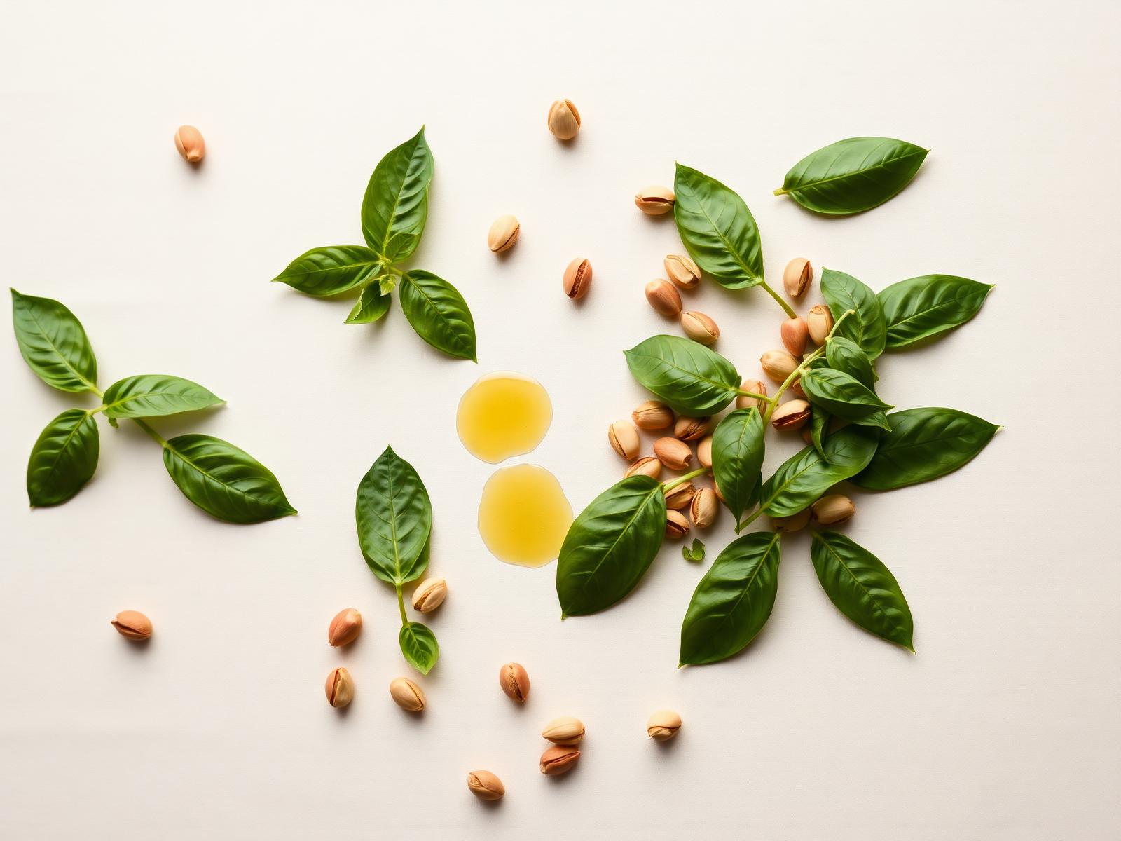 Fresh basil leaves and pistachios with a drizzle of olive oil