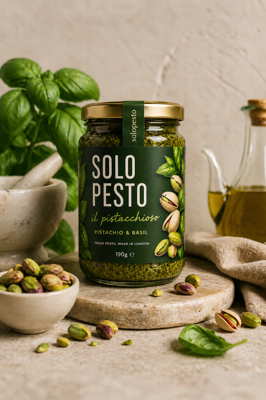 SOLOPESTO Il Pistacchioso jar — fresh pistachio and basil pesto, made in London — styled with fresh basil, pistachios, mortar and olive oil