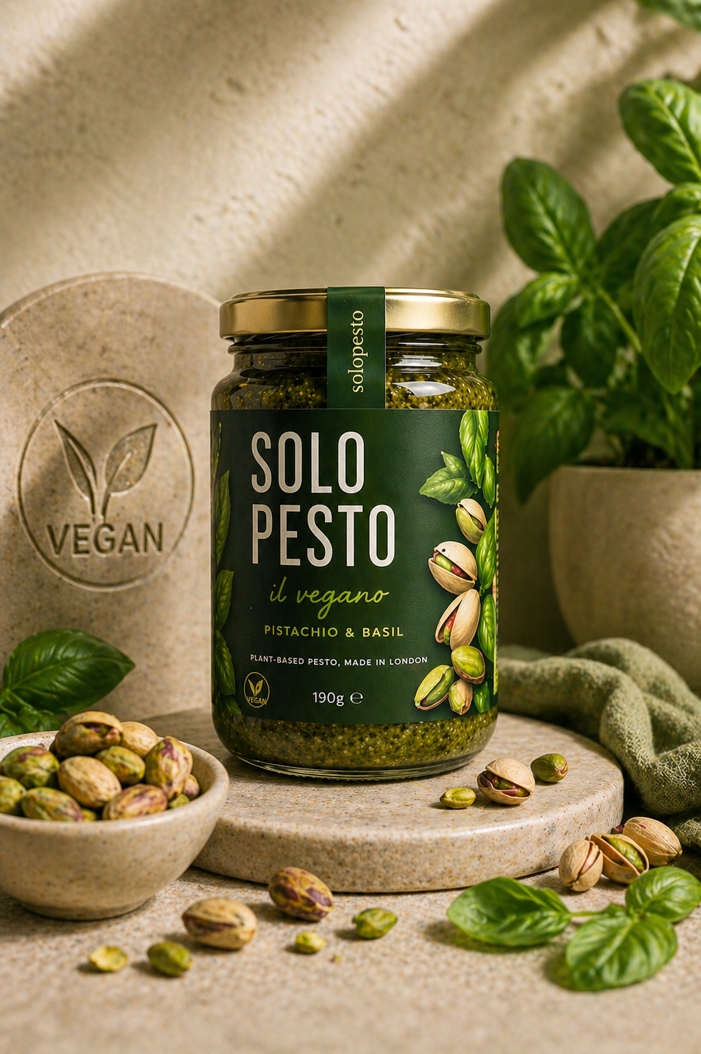 SOLOPESTO Il Vegano jar — plant-based pistachio and basil pesto, made in London — styled with basil plant, pistachios and a vegan emblem
